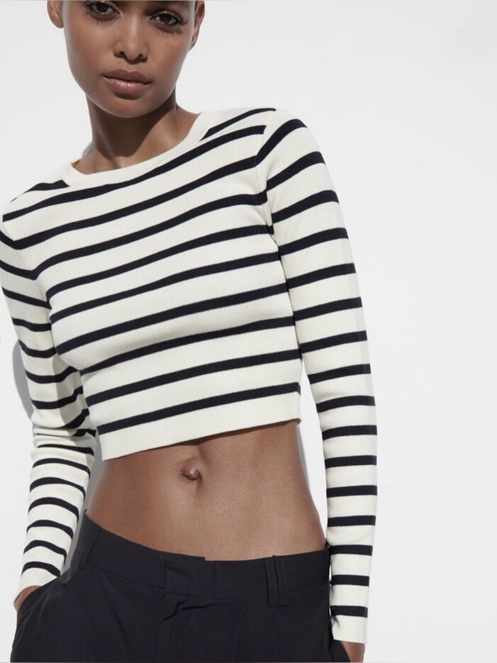 New Zara Striped Long-Sleeve Cropped Knit Top